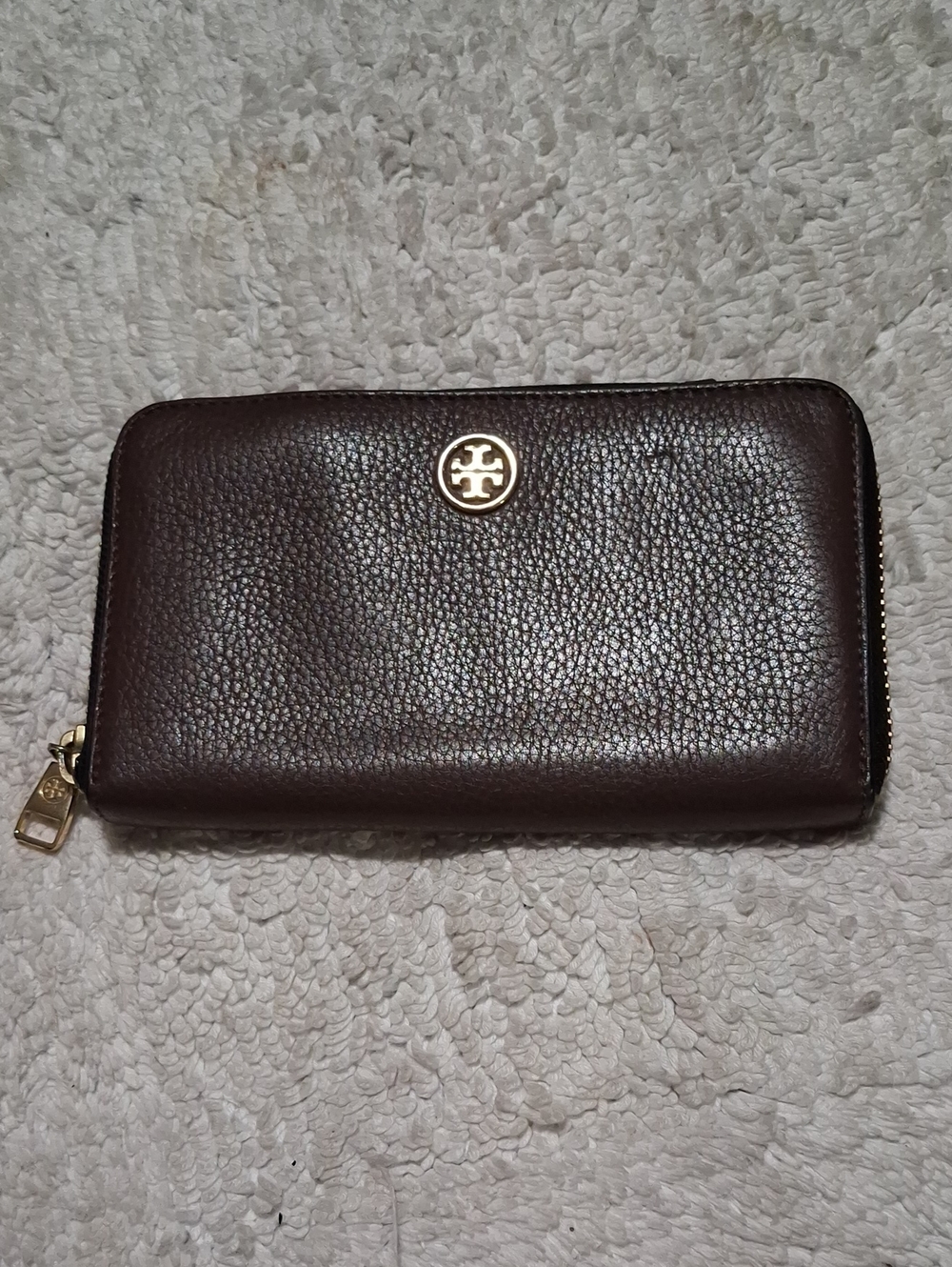 Tory Burch Dark Brown Pebbled Leather Zip-Around Wallet with Gold Logo